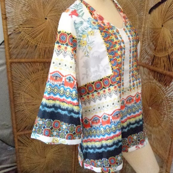 NWT Karen Seo Thin Boho Summer Tunic M White Floral Embroidered Flowers - Picture 2 of 7